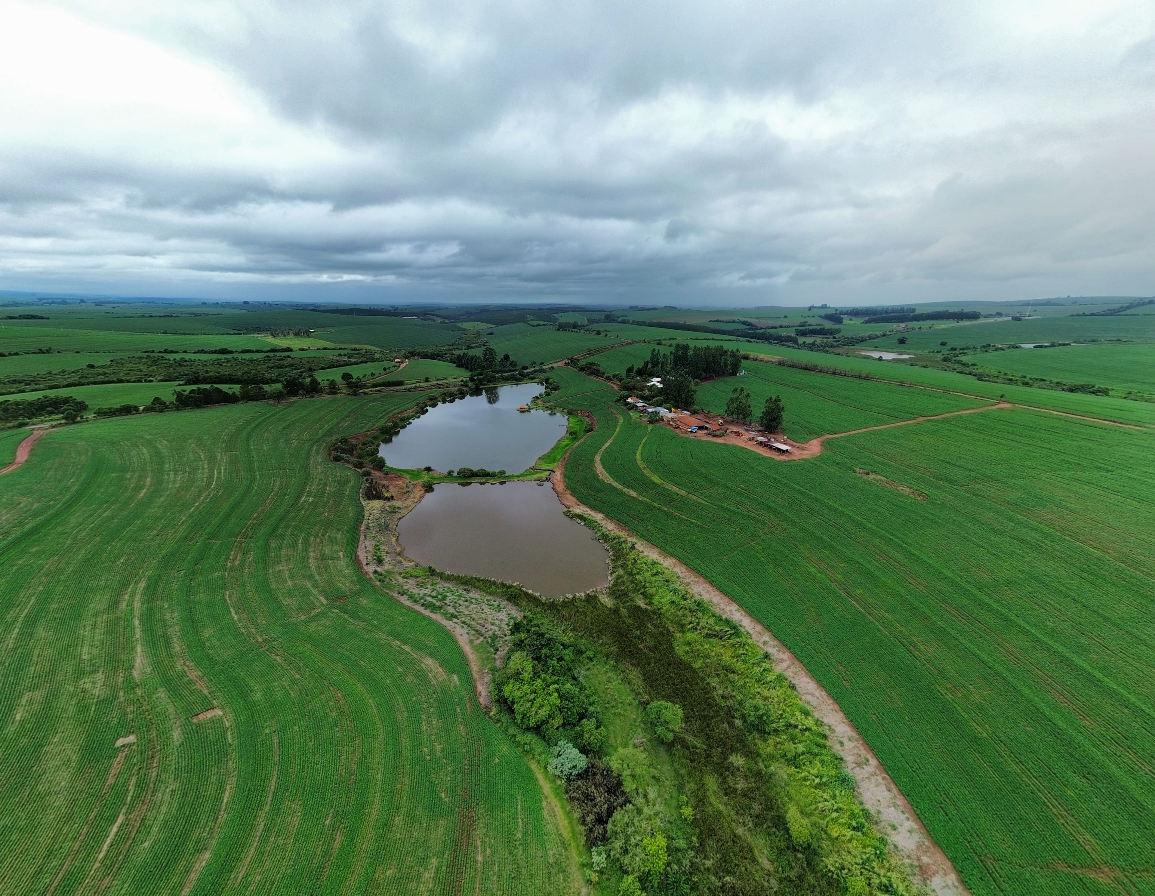 Vista aérea de cultivos verdes sembrados en curvas alrededor de dos represas, en Brasil, con una franja de monte ribereño a lo largo del arroyo y la sede de la finca al fondo, bajo cielo nublado.